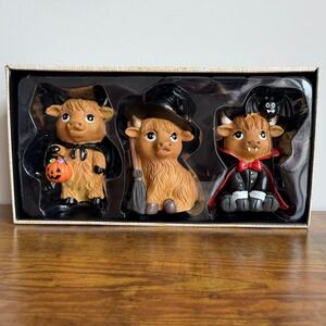 New 3 Pck Dracula Highland Cow Halloween Vampire Witch Devil Figurine Home Decor